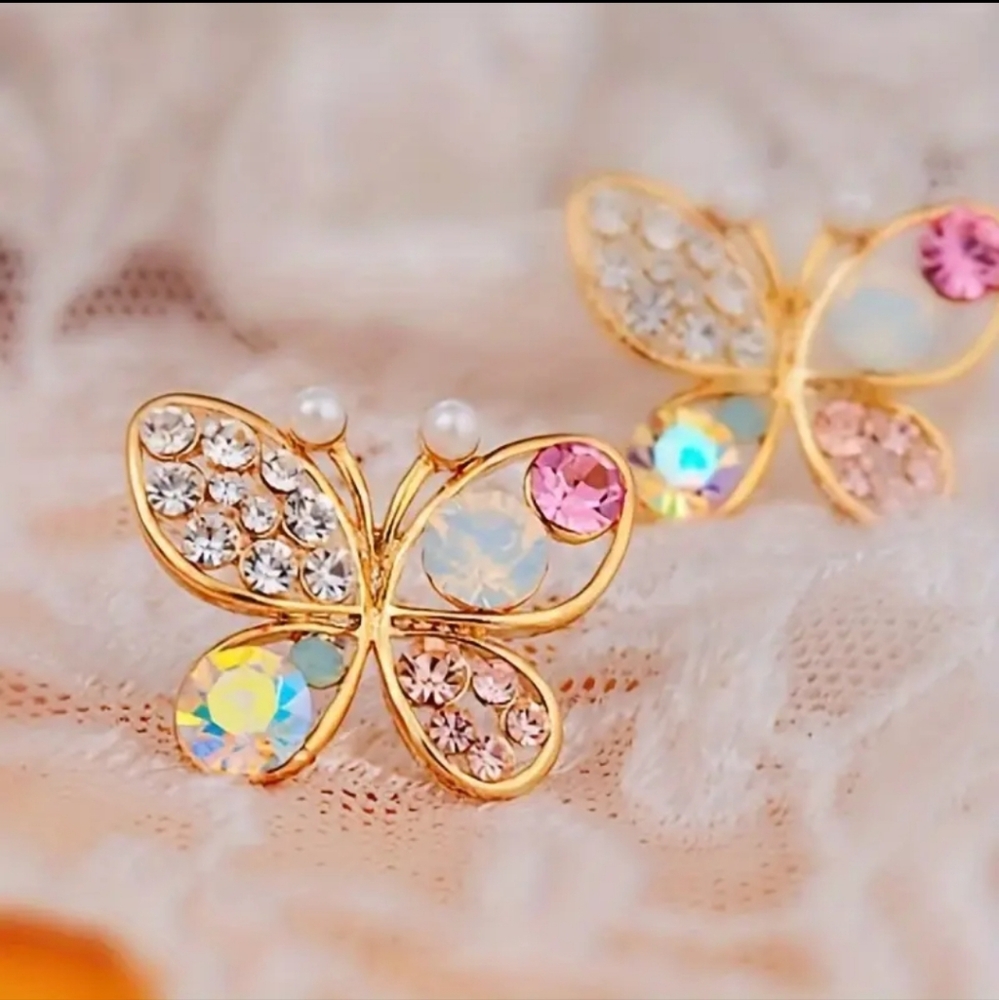 Butterfly Multicolor Rhinestone  Earrings  Gold Platinum Alloy - Picture 3 of 5